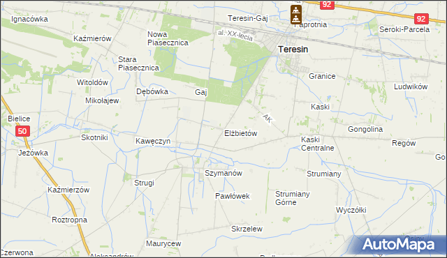 mapa Elżbietów gmina Teresin, Elżbietów gmina Teresin na mapie Targeo