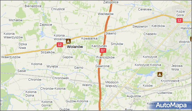 mapa Franciszków gmina Wolanów, Franciszków gmina Wolanów na mapie Targeo