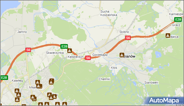 mapa Gorzebądz gmina Sianów, Gorzebądz gmina Sianów na mapie Targeo