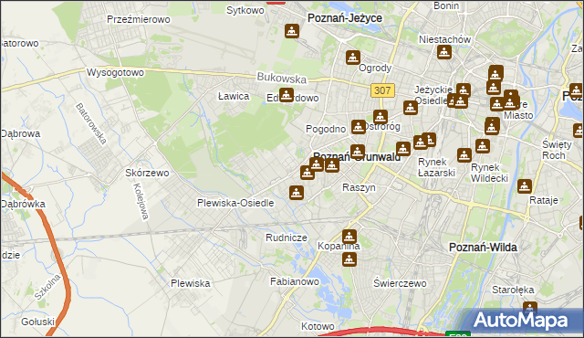 mapa Grunwald gmina Poznań, Grunwald gmina Poznań na mapie Targeo