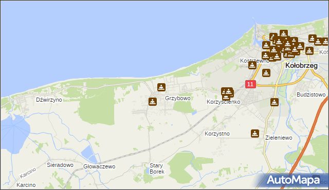mapa Grzybowo gmina Kołobrzeg, Grzybowo gmina Kołobrzeg na mapie Targeo