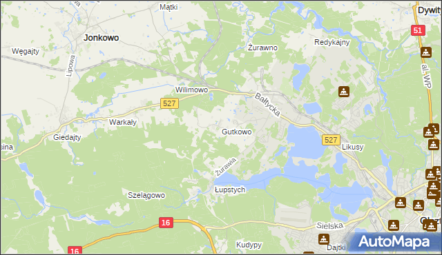 mapa Gutkowo gmina Jonkowo, Gutkowo gmina Jonkowo na mapie Targeo