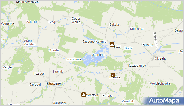 mapa Jagodne gmina Kłoczew, Jagodne gmina Kłoczew na mapie Targeo