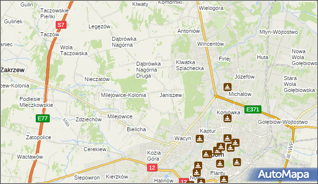 mapa Janiszew gmina Zakrzew, Janiszew gmina Zakrzew na mapie Targeo