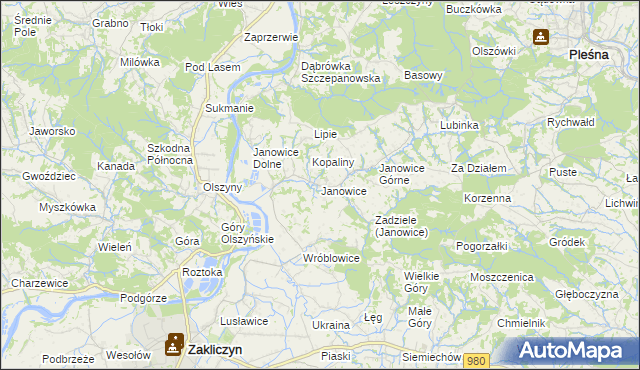 mapa Janowice gmina Pleśna, Janowice gmina Pleśna na mapie Targeo