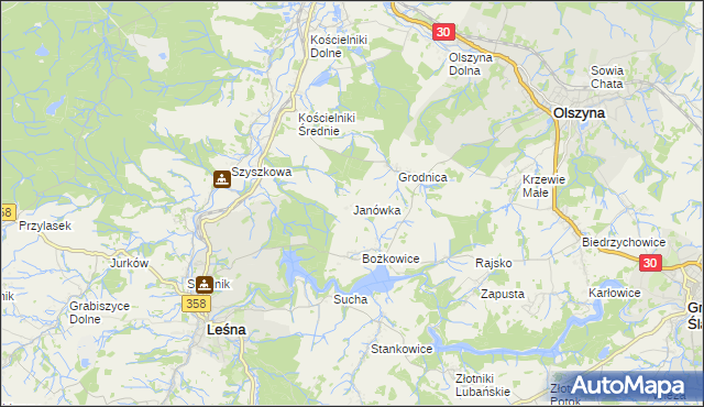 mapa Janówka gmina Leśna, Janówka gmina Leśna na mapie Targeo