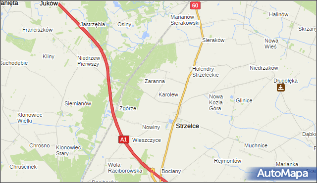mapa Karolew gmina Strzelce, Karolew gmina Strzelce na mapie Targeo