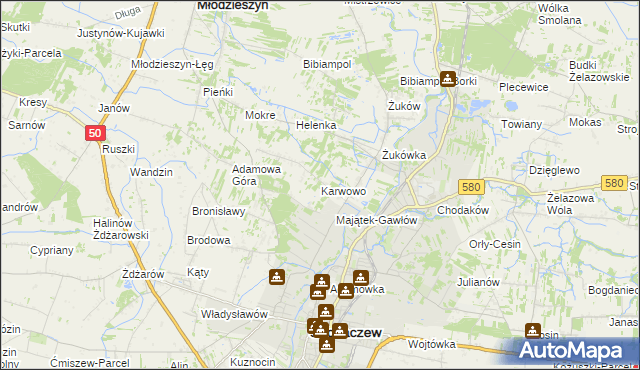 mapa Karwowo gmina Sochaczew, Karwowo gmina Sochaczew na mapie Targeo