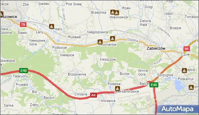 mapa Kleszczów gmina Zabierzów, Kleszczów gmina Zabierzów na mapie Targeo
