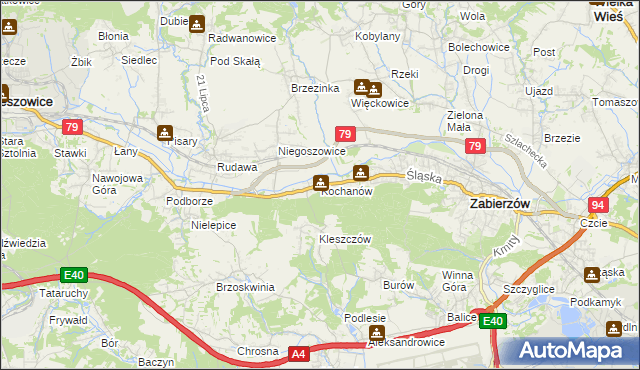 mapa Kochanów gmina Zabierzów, Kochanów gmina Zabierzów na mapie Targeo