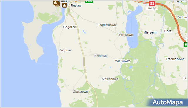 mapa Koniewo gmina Wolin, Koniewo gmina Wolin na mapie Targeo