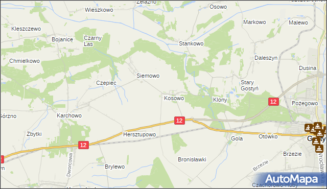 mapa Kosowo gmina Gostyń, Kosowo gmina Gostyń na mapie Targeo