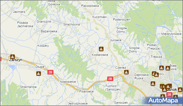 mapa Kostarowce, Kostarowce na mapie Targeo