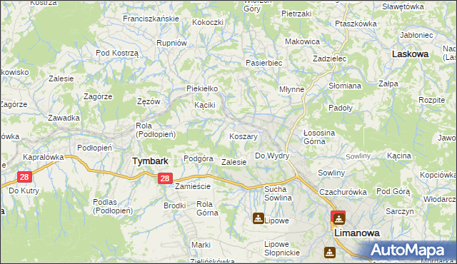 mapa Koszary gmina Limanowa, Koszary gmina Limanowa na mapie Targeo