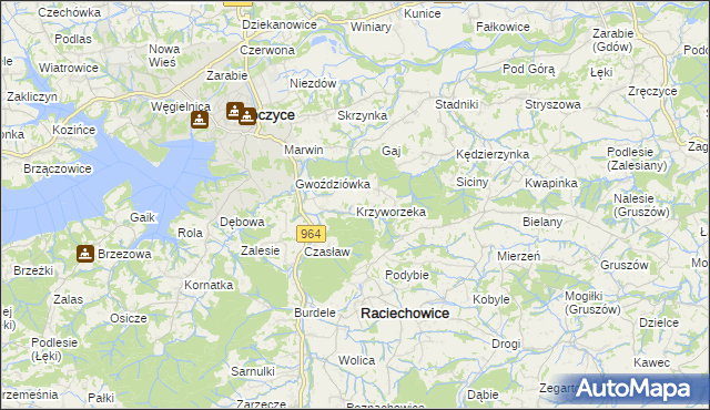 mapa Krzyworzeka gmina Raciechowice, Krzyworzeka gmina Raciechowice na mapie Targeo