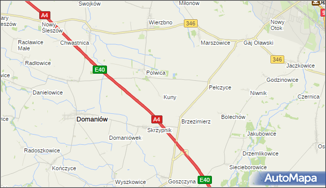 mapa Kuny gmina Domaniów, Kuny gmina Domaniów na mapie Targeo