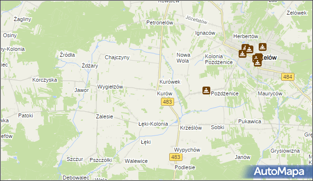 mapa Kurów gmina Zelów, Kurów gmina Zelów na mapie Targeo