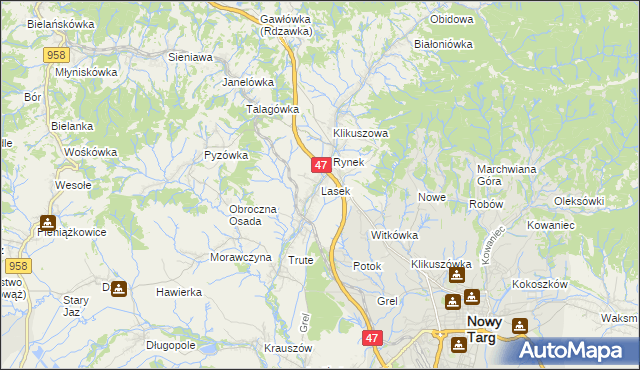 mapa Lasek gmina Nowy Targ, Lasek gmina Nowy Targ na mapie Targeo