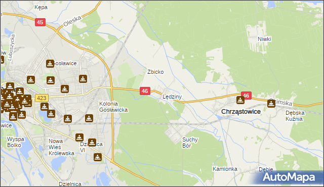 mapa Lędziny gmina Chrząstowice, Lędziny gmina Chrząstowice na mapie Targeo