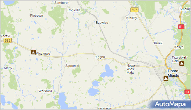 mapa Łęgno gmina Dobre Miasto, Łęgno gmina Dobre Miasto na mapie Targeo