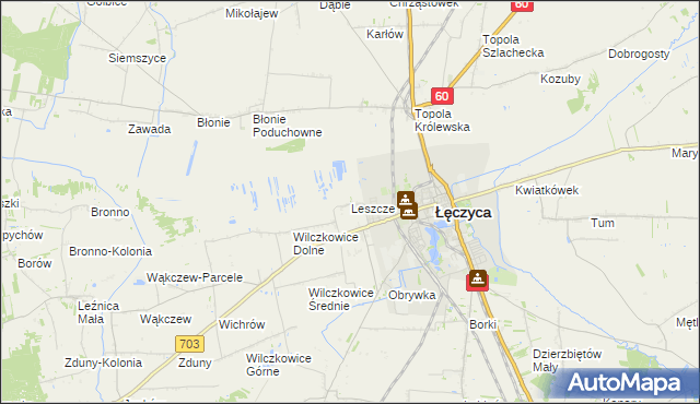 mapa Leszcze gmina Łęczyca, Leszcze gmina Łęczyca na mapie Targeo