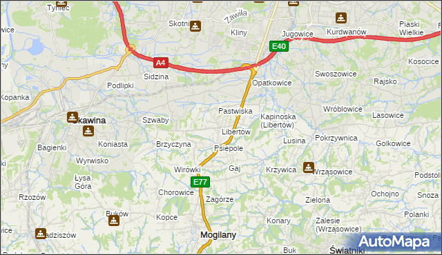 mapa Libertów gmina Mogilany, Libertów gmina Mogilany na mapie Targeo
