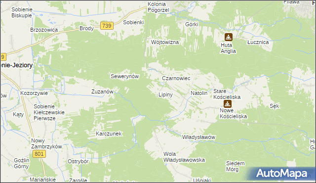 mapa Lipiny gmina Osieck, Lipiny gmina Osieck na mapie Targeo