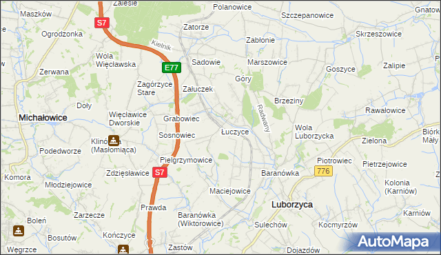 mapa Łuczyce gmina Kocmyrzów-Luborzyca, Łuczyce gmina Kocmyrzów-Luborzyca na mapie Targeo