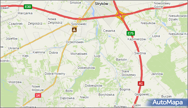 mapa Ługi gmina Stryków, Ługi gmina Stryków na mapie Targeo