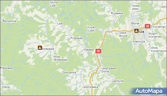 mapa Malawa gmina Bircza, Malawa gmina Bircza na mapie Targeo