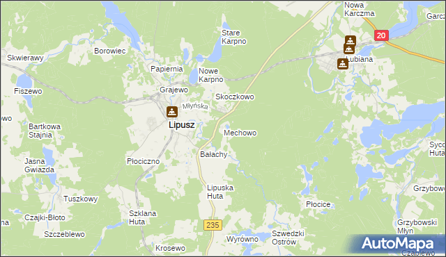 mapa Mechowo gmina Lipusz, Mechowo gmina Lipusz na mapie Targeo