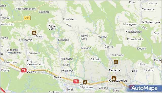 mapa Miękinia gmina Krzeszowice, Miękinia gmina Krzeszowice na mapie Targeo