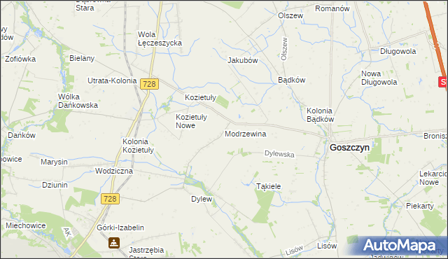 mapa Modrzewina gmina Goszczyn, Modrzewina gmina Goszczyn na mapie Targeo