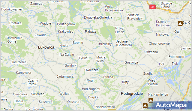 mapa Mokra Wieś gmina Podegrodzie, Mokra Wieś gmina Podegrodzie na mapie Targeo