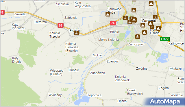 mapa Mokre gmina Zamość, Mokre gmina Zamość na mapie Targeo