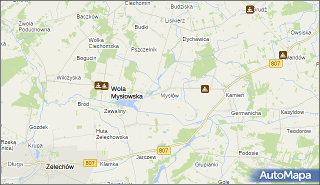 mapa Mysłów gmina Wola Mysłowska, Mysłów gmina Wola Mysłowska na mapie Targeo