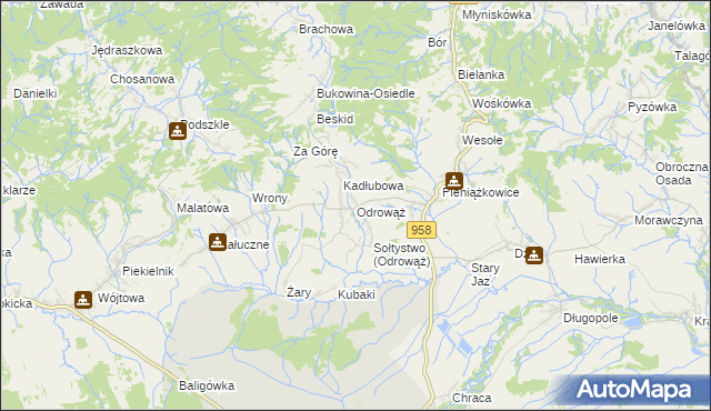 mapa Odrowąż gmina Czarny Dunajec, Odrowąż gmina Czarny Dunajec na mapie Targeo