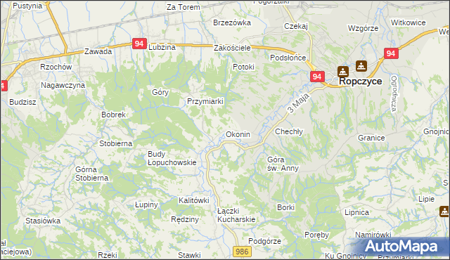 mapa Okonin gmina Ropczyce, Okonin gmina Ropczyce na mapie Targeo