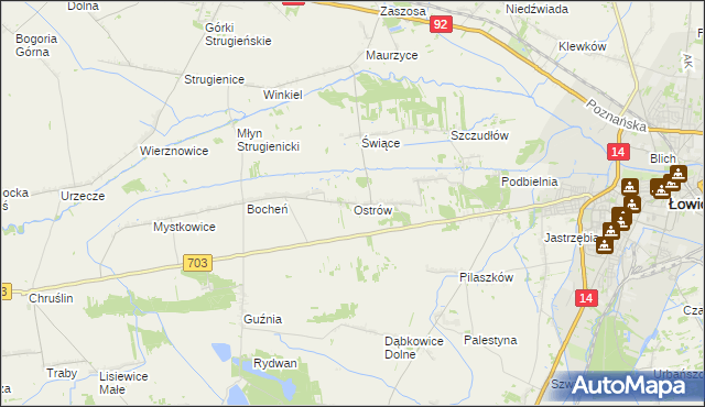 mapa Ostrów gmina Łowicz, Ostrów gmina Łowicz na mapie Targeo