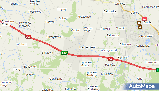 mapa Parzęczew powiat zgierski, Parzęczew powiat zgierski na mapie Targeo