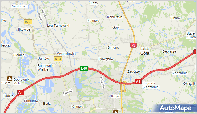 mapa Pawęzów gmina Lisia Góra, Pawęzów gmina Lisia Góra na mapie Targeo