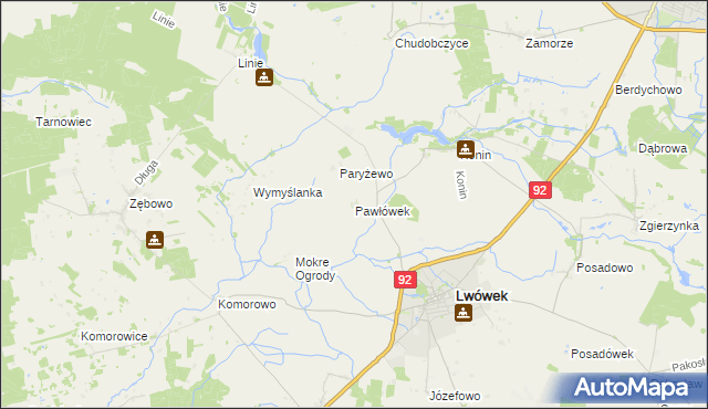 mapa Pawłówek gmina Lwówek, Pawłówek gmina Lwówek na mapie Targeo