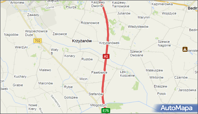 mapa Pawłowice gmina Krzyżanów, Pawłowice gmina Krzyżanów na mapie Targeo