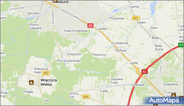 mapa Pierzchno gmina Wręczyca Wielka, Pierzchno gmina Wręczyca Wielka na mapie Targeo