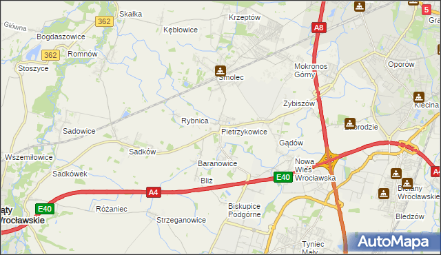 mapa Pietrzykowice gmina Kąty Wrocławskie, Pietrzykowice gmina Kąty Wrocławskie na mapie Targeo