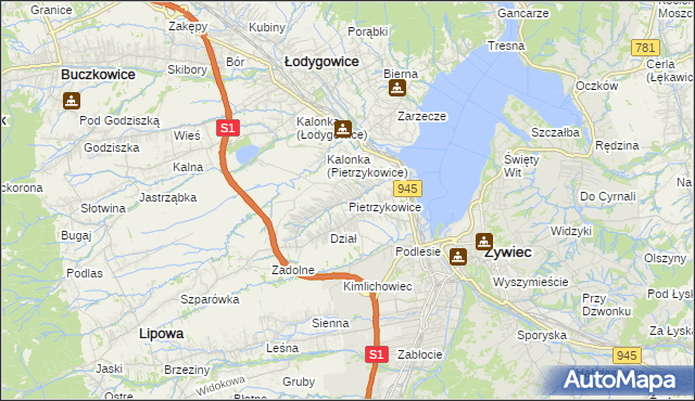 mapa Pietrzykowice gmina Łodygowice, Pietrzykowice gmina Łodygowice na mapie Targeo