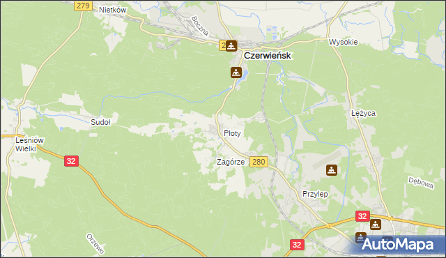 mapa Płoty gmina Czerwieńsk, Płoty gmina Czerwieńsk na mapie Targeo