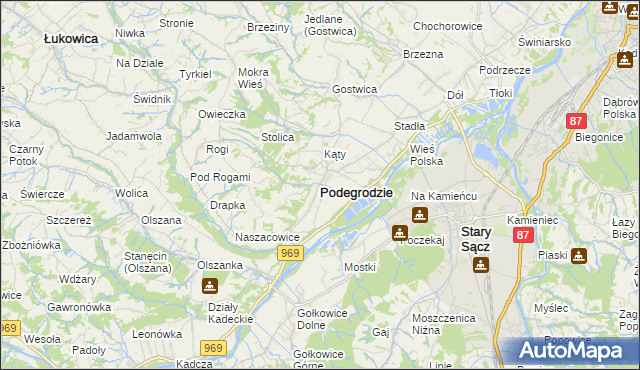 mapa Podegrodzie powiat nowosądecki, Podegrodzie powiat nowosądecki na mapie Targeo