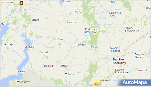 mapa Pomiany gmina Bargłów Kościelny, Pomiany gmina Bargłów Kościelny na mapie Targeo