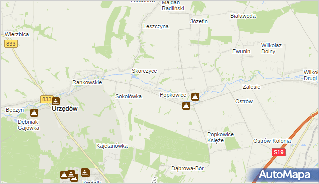 mapa Popkowice gmina Urzędów, Popkowice gmina Urzędów na mapie Targeo